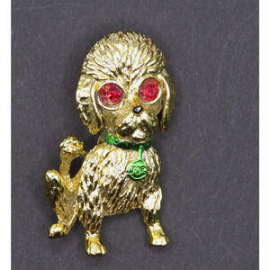 Vintage Brooch Pin Gerrys Puppy Dog Gold Tone Red Rhinestone Signed